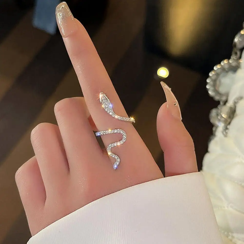 Punk Rhinestones Open Adjustable Snake Ring For Women Shiny Elegant Charming Dress Up All Match Snake Shape Rhinestone Ring Gift