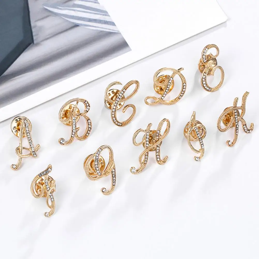 Badge Pin Shiny Rhinestones High Gloss Geometric Personality Dress Up Jewelry 26 English Letters Lapel Pin Women Jewelry