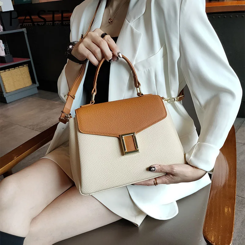 New Fashion Handbag Hit-color Lichi Grain Head Layer Cowhide Women's Crossbody Bag Premium Feeling Leather Female Shoulder Bag