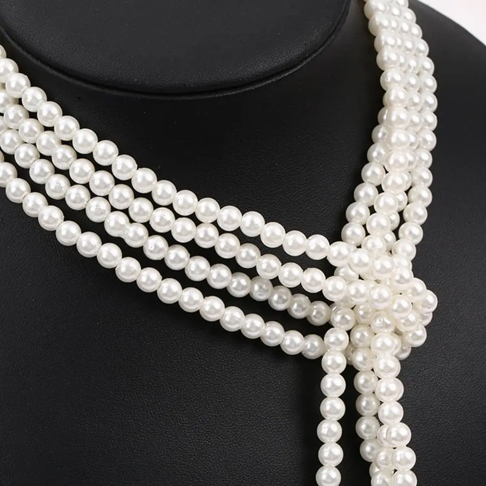 Faux Pearl Necklace White Color Knotted Beaded Long Tassel Neck Chain Alloy Jewelry Women Dress Sweater Necklace Jewelry Gift