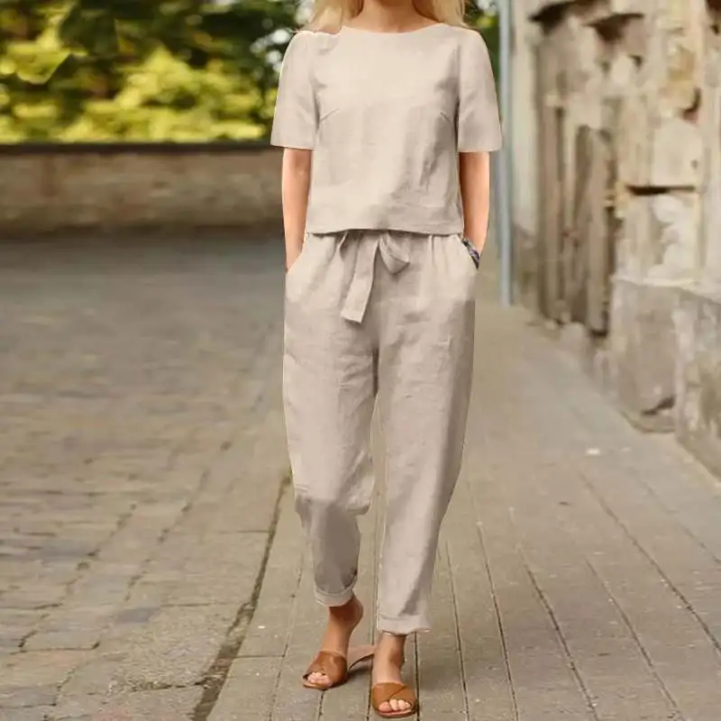 Women's Cotton Linen Suit Summer Matching Suit Half-sleeved Round Neck Tie Elastic Waist Trousers Wide-leg Pants Retro Suit 2024