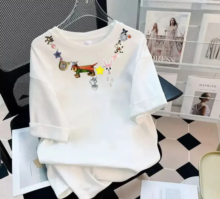 Animals Necklace Print Cotton T-shirts Graphic Streetwear Style Short Sleeves Trendy Summer Round Neck Tee Tops