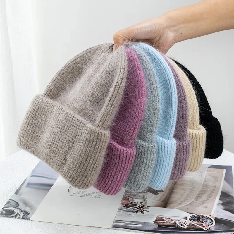 Fashion Warm Cashmere Wool Skullies Cap Angola Rabbit Fur Winter Knitted Beanies Women Female Ski Outdoor Solid Color Hats